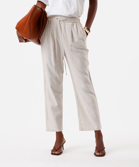 calça jogger feminina com linho listrada bege
