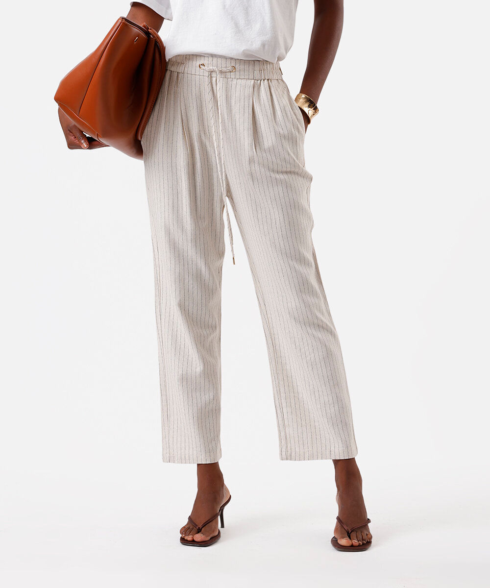 calça jogger feminina com linho listrada bege