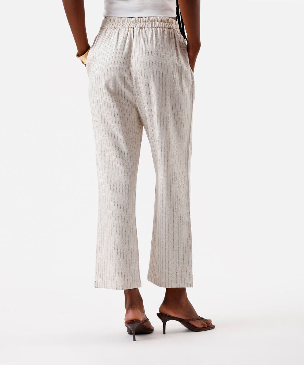 calça jogger feminina com linho listrada bege