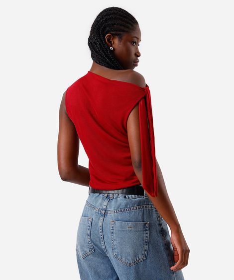blusa feminina de tule franzida com amarração vermelha