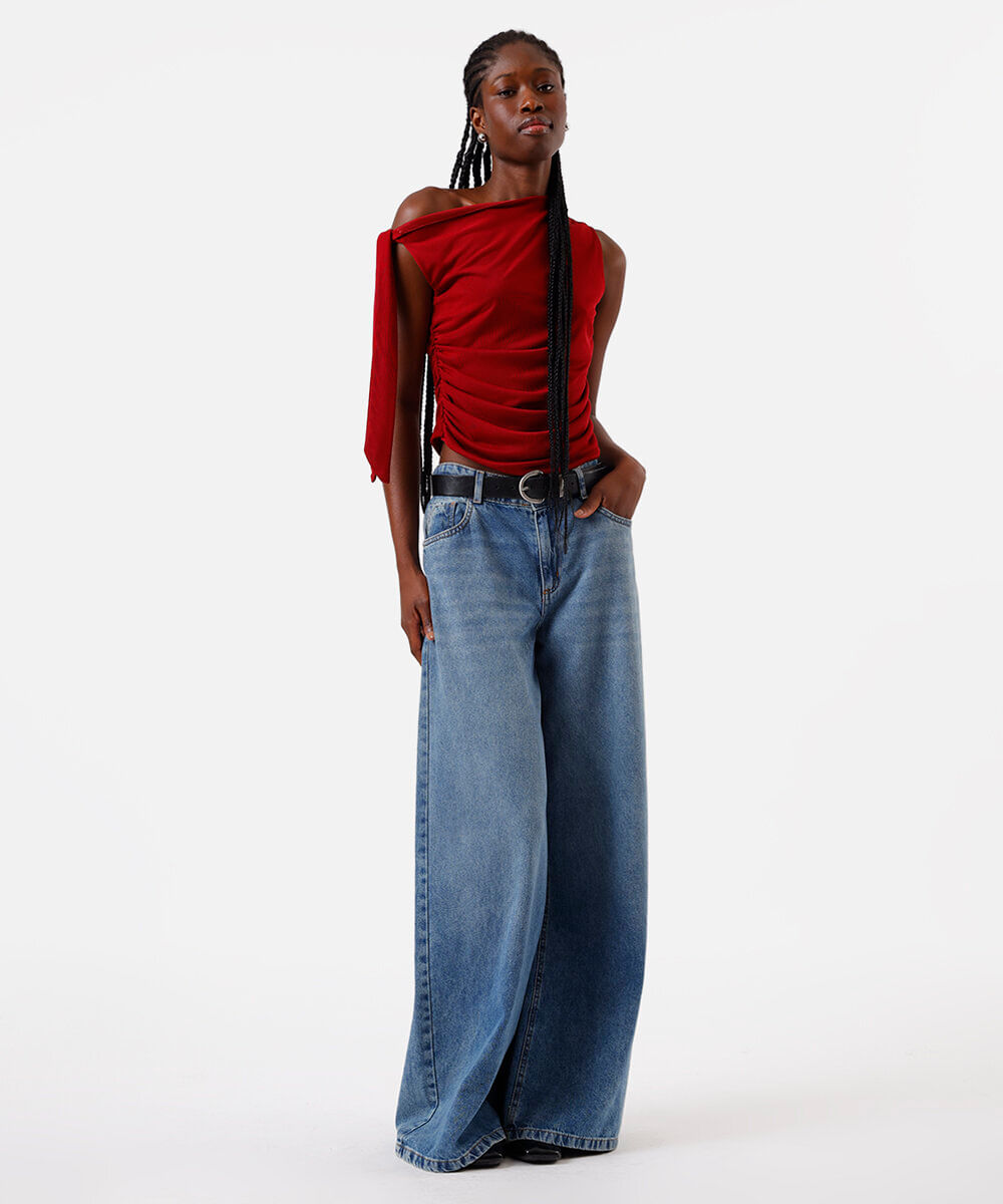 blusa feminina de tule franzida com amarração vermelha