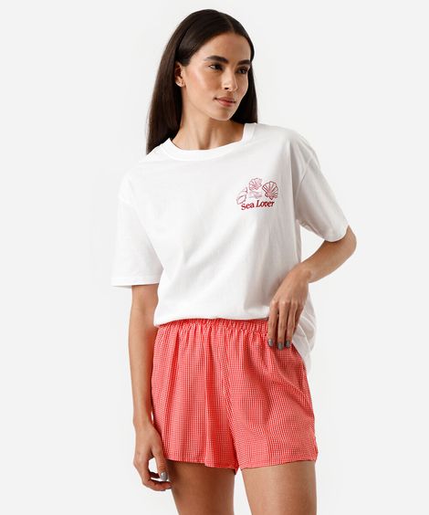 pijama short doll feminino de algodão lagosta xadrez vermelho