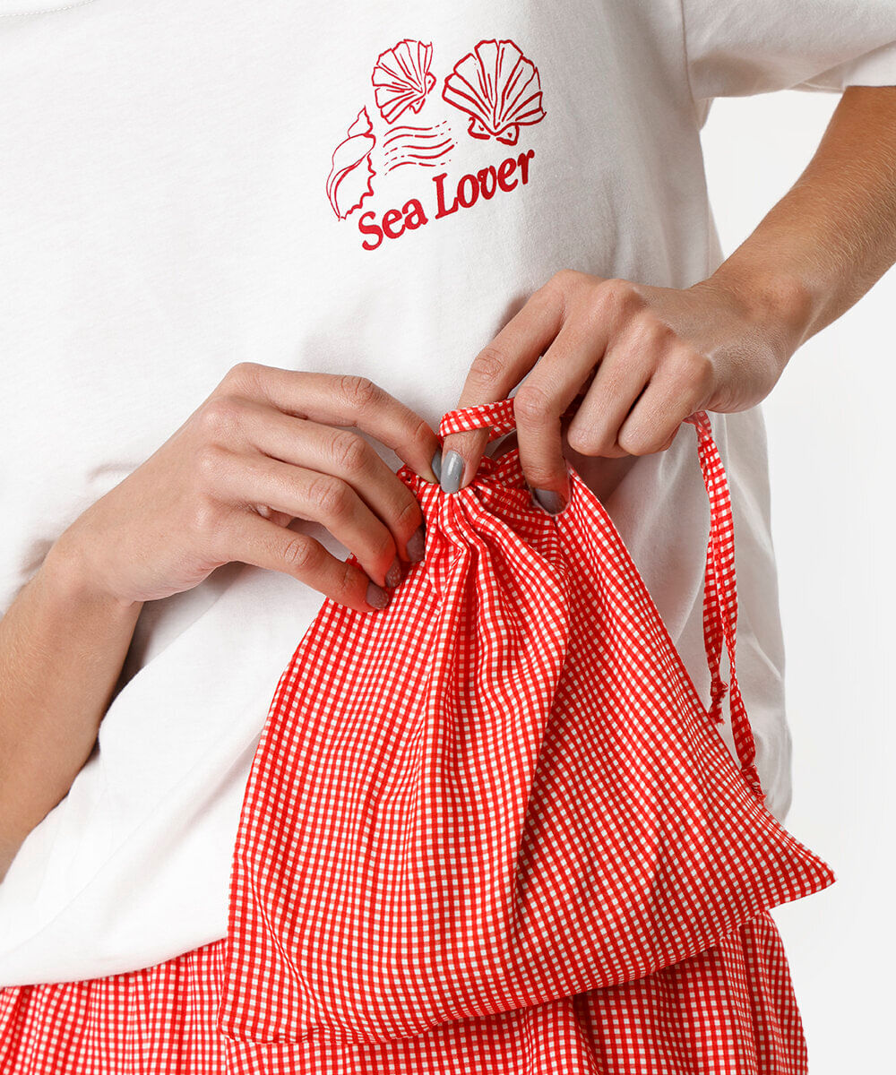 pijama short doll feminino de algodão lagosta xadrez vermelho