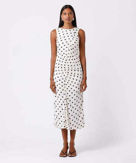 vestido midi feminino franzido poá mindset off white