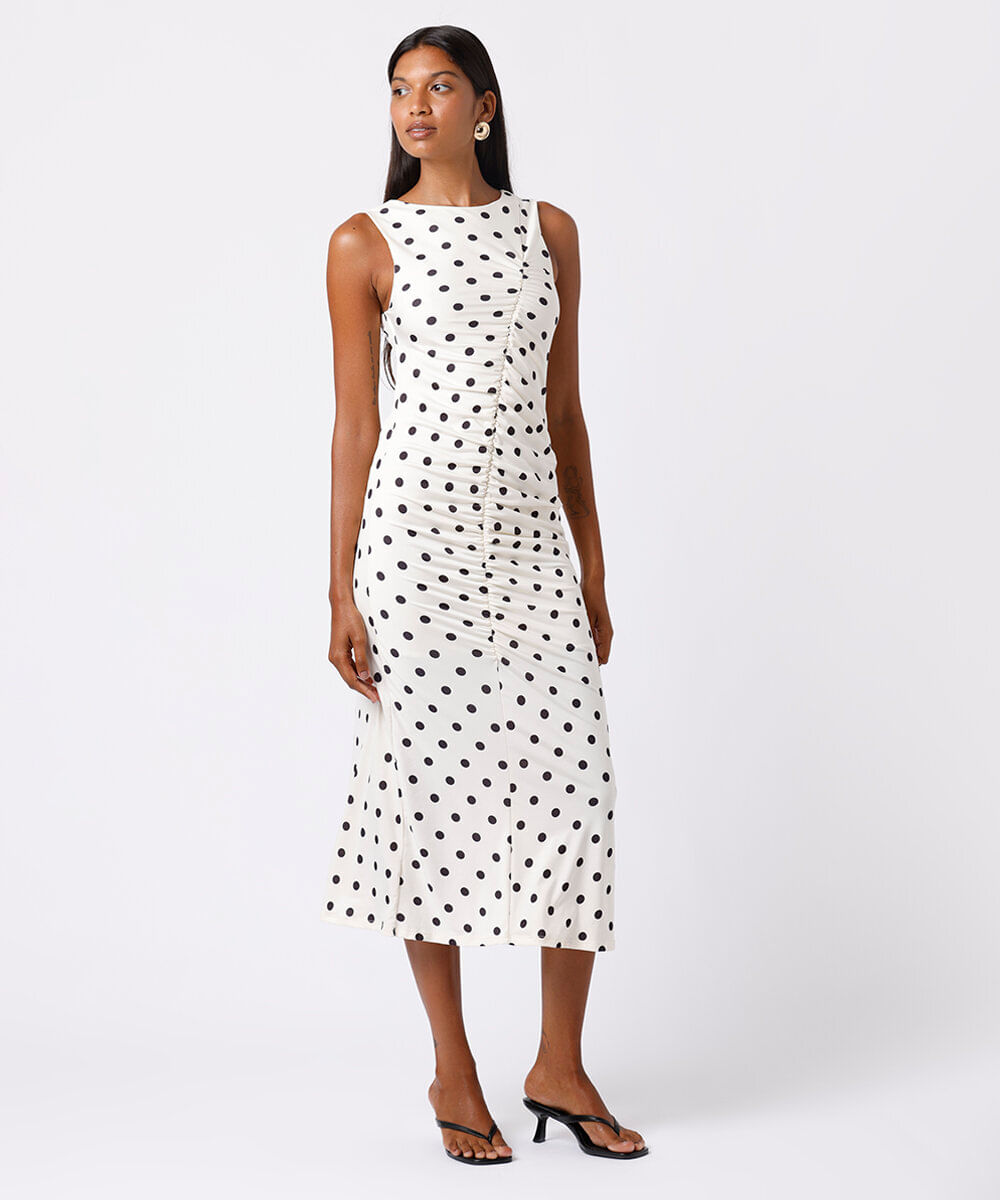 vestido midi feminino franzido poá mindset off white