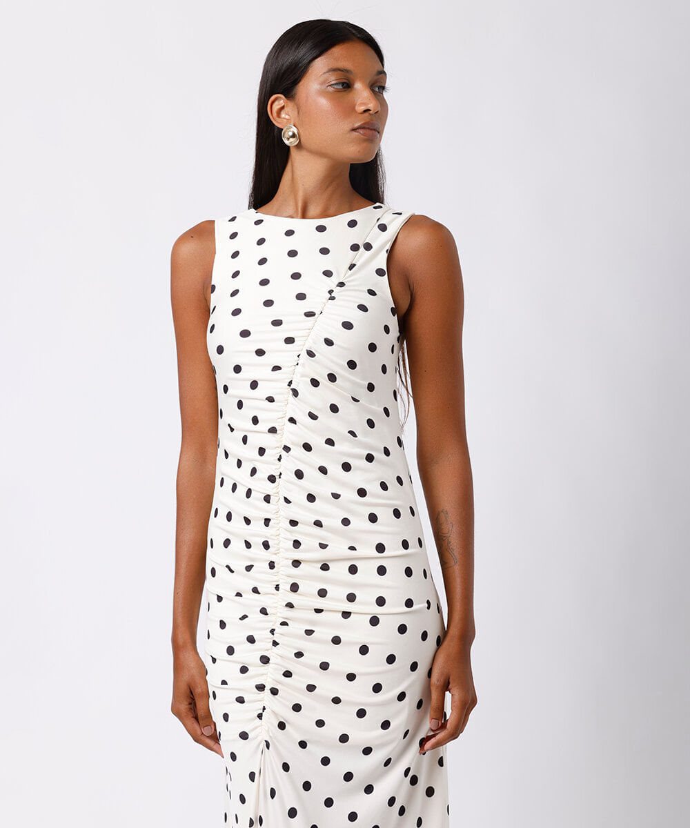 vestido midi feminino franzido poá mindset off white