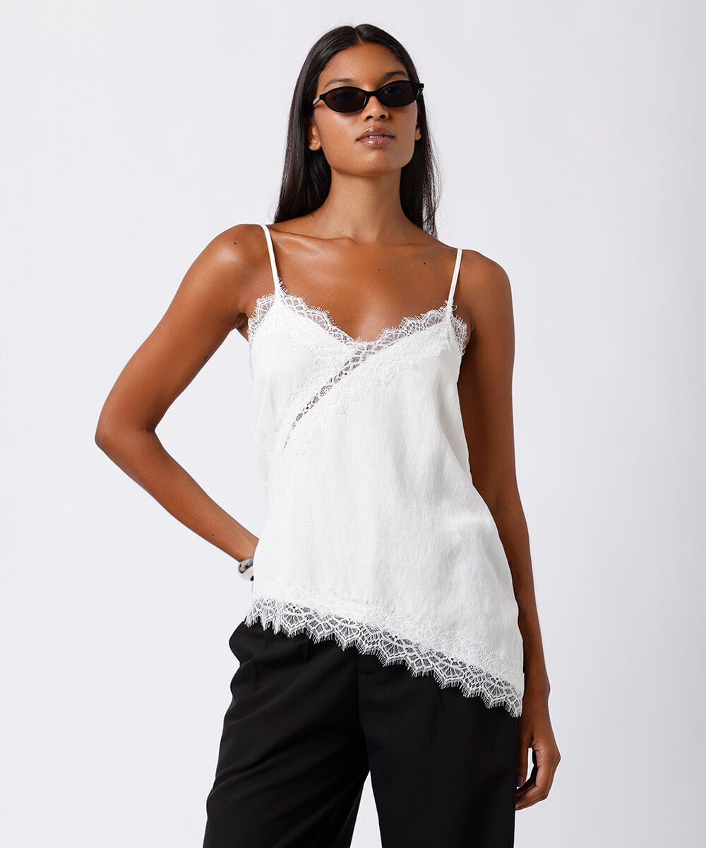 regata alça fina feminina com renda acetinada mindset off white