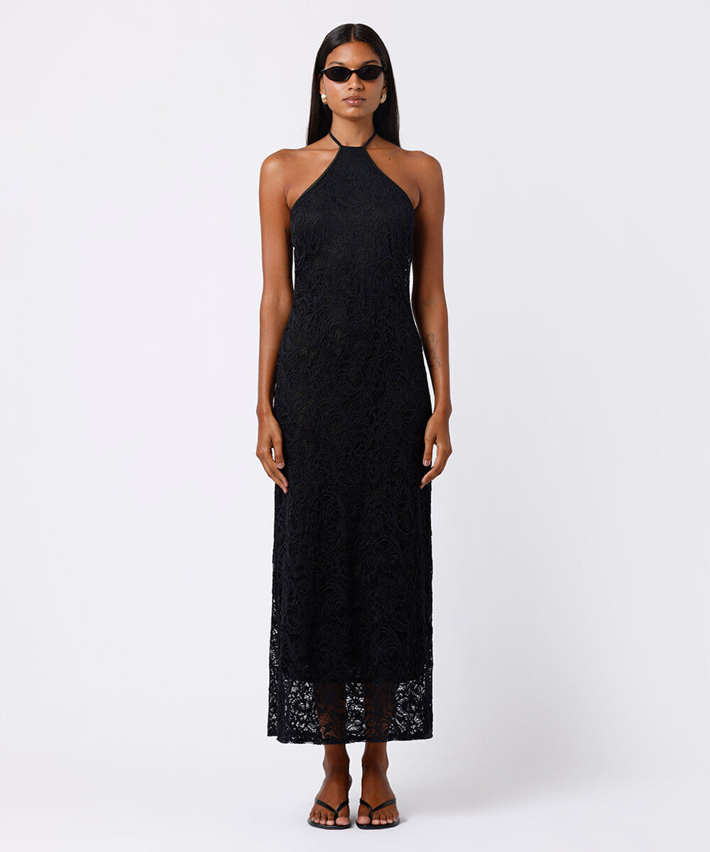 vestido longo feminino de renda frente única mindset preto