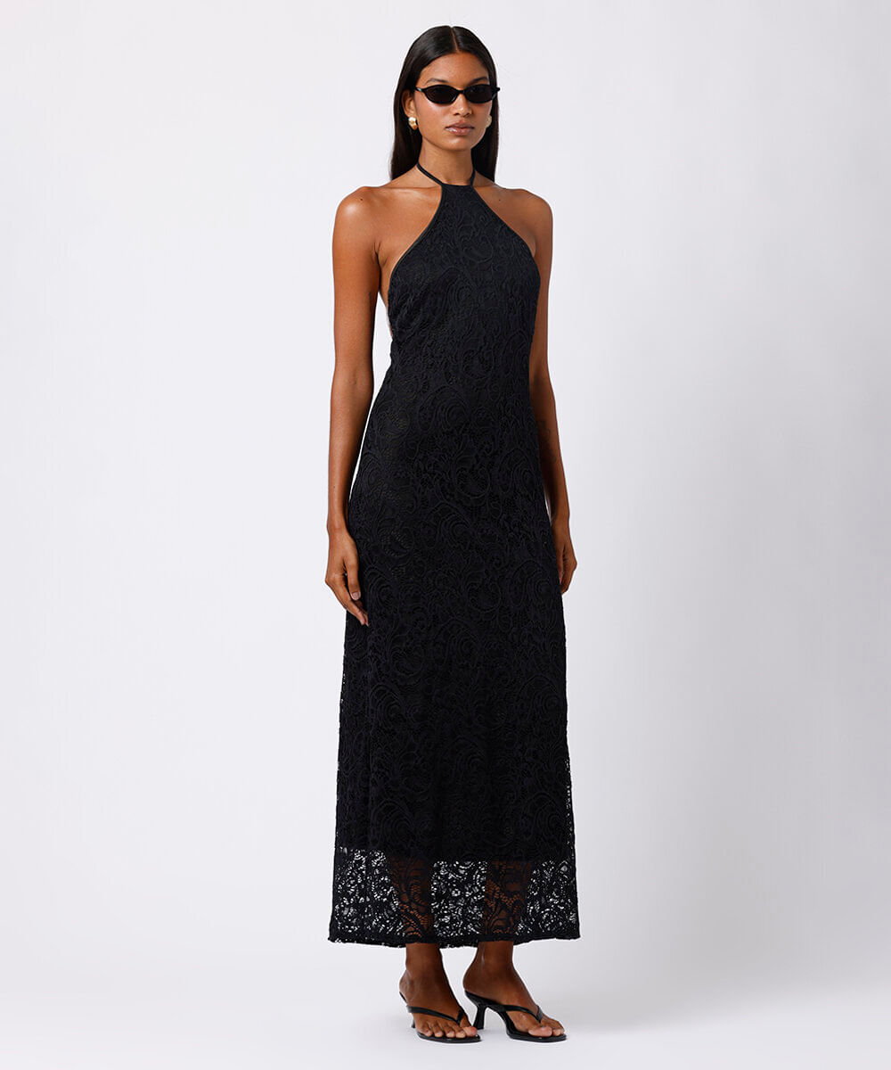 vestido longo feminino de renda frente única mindset preto