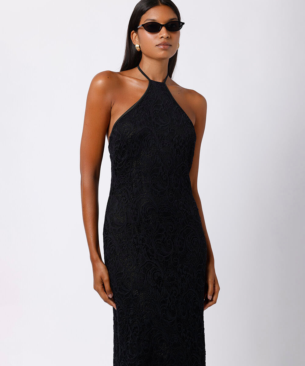 vestido longo feminino de renda frente única mindset preto