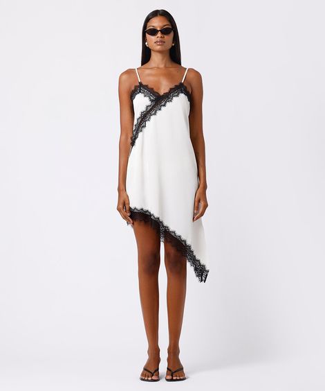 vestido slip dress feminino com renda assimétrico mindset off white