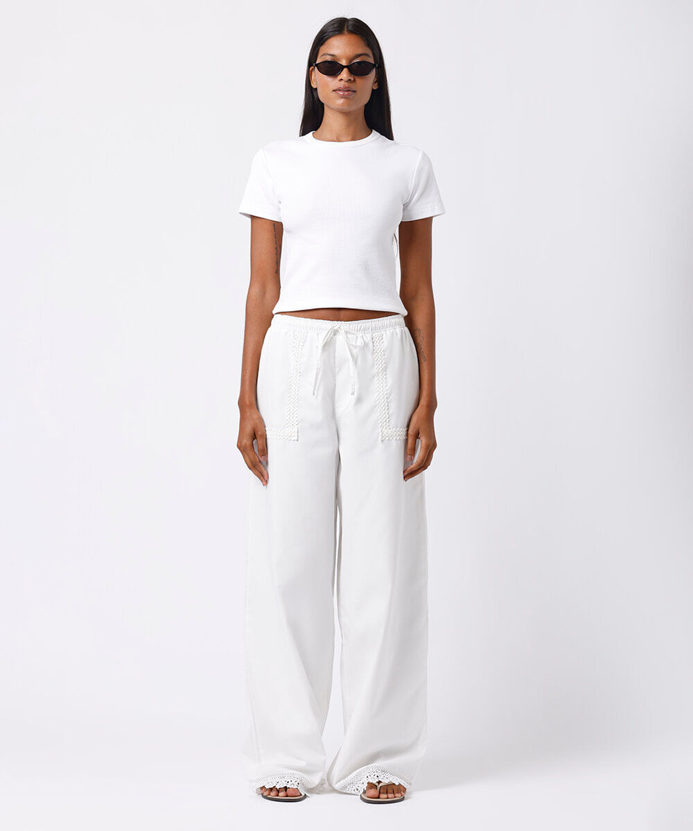 calça reta feminina com renda mindset off white