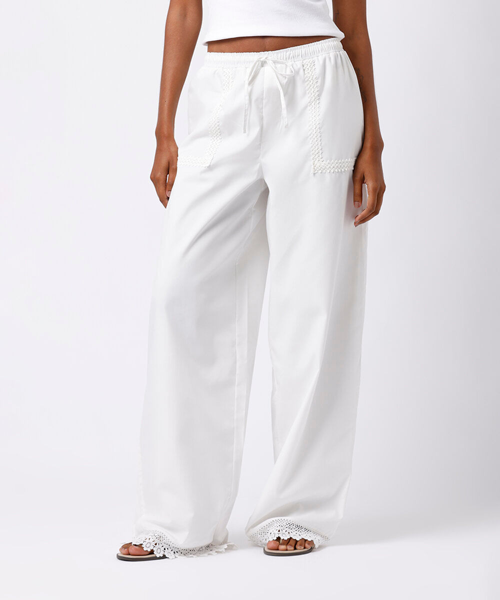 calça reta feminina com renda mindset off white