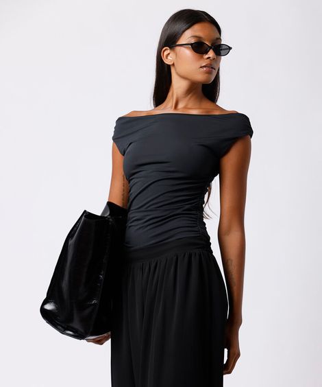 blusa ombro a ombro feminina franzida mindset preta