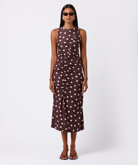 vestido midi feminino franzido poá mindset marrom