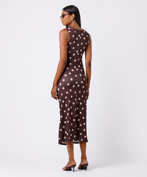 vestido midi feminino franzido poá mindset marrom