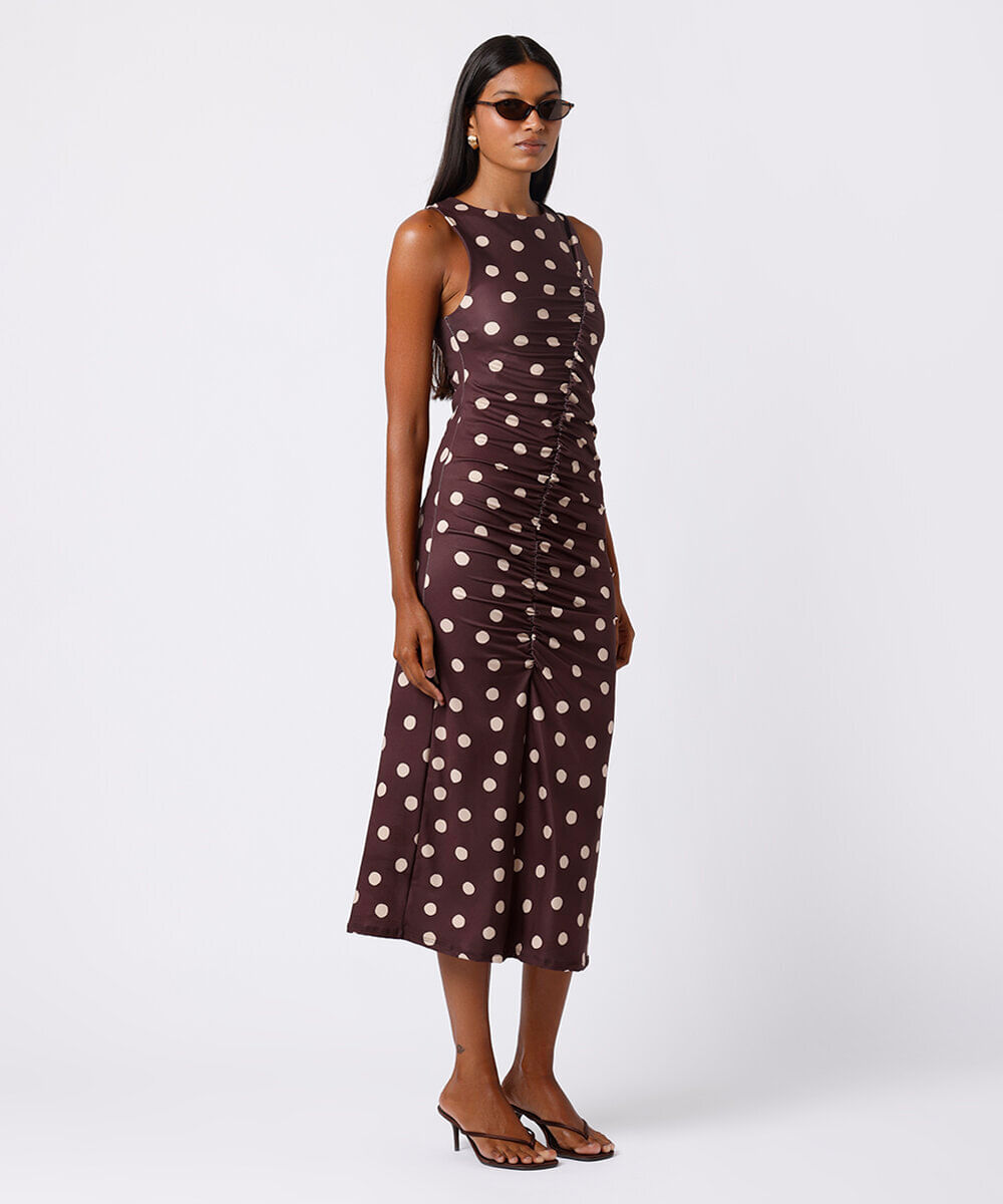 vestido midi feminino franzido poá mindset marrom