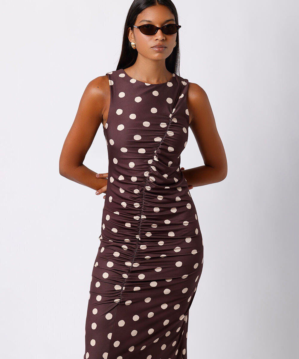 vestido midi feminino franzido poá mindset marrom