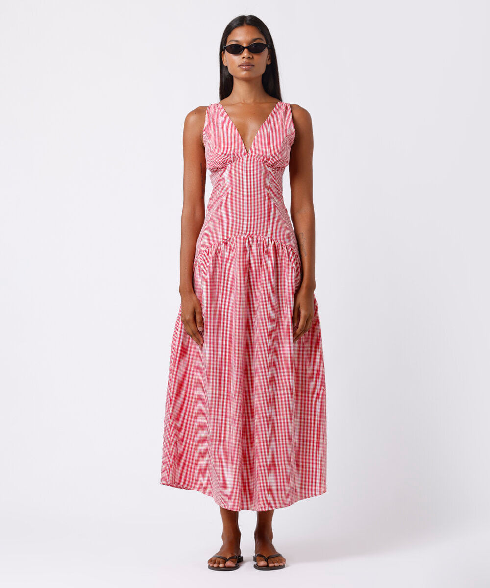 vestido midi feminino de algodão com recorte xadrez mindset vermelho