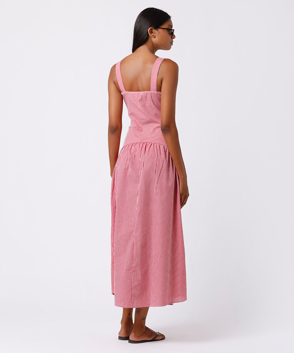 vestido midi feminino de algodão com recorte xadrez mindset vermelho