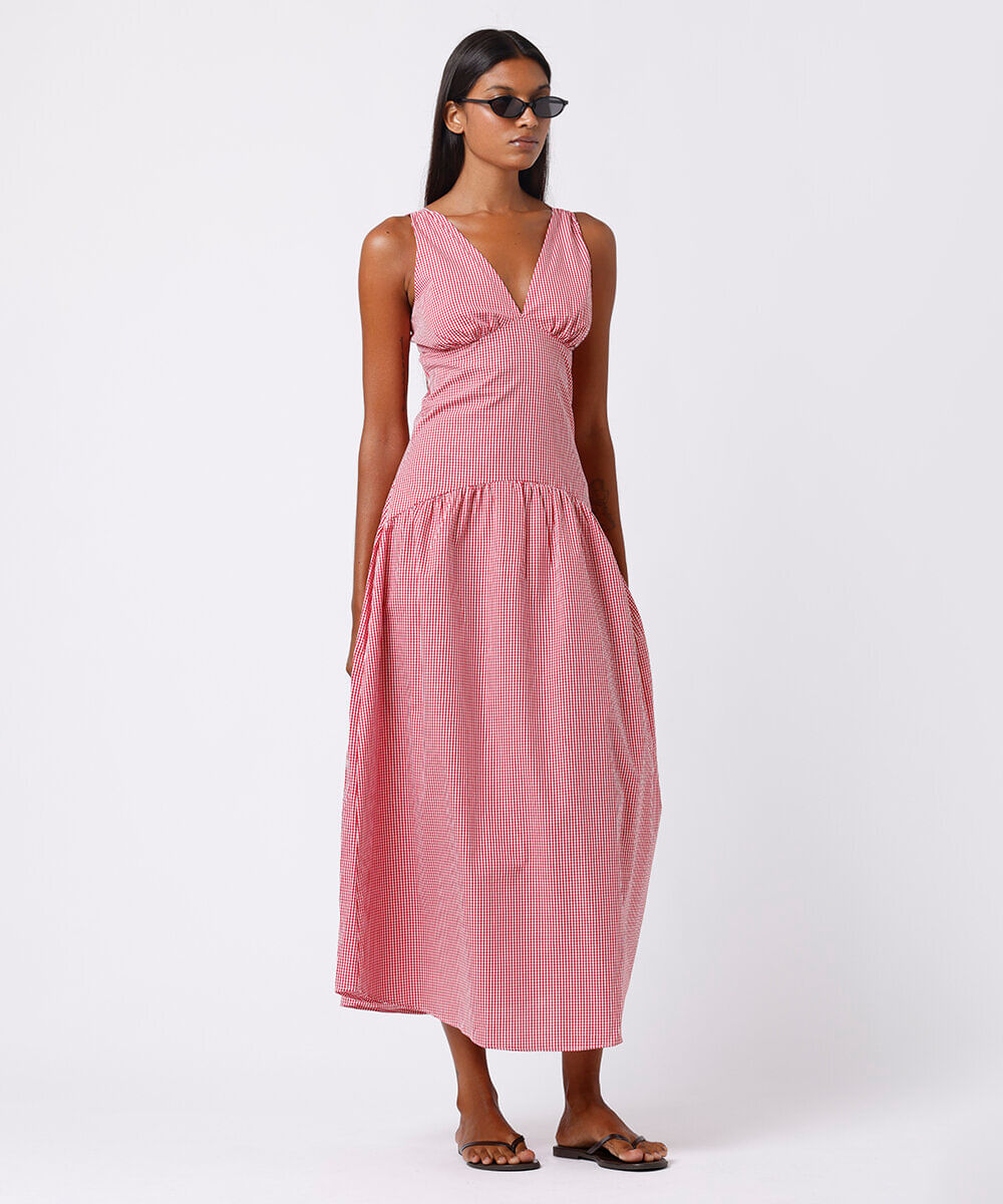 vestido midi feminino de algodão com recorte xadrez mindset vermelho