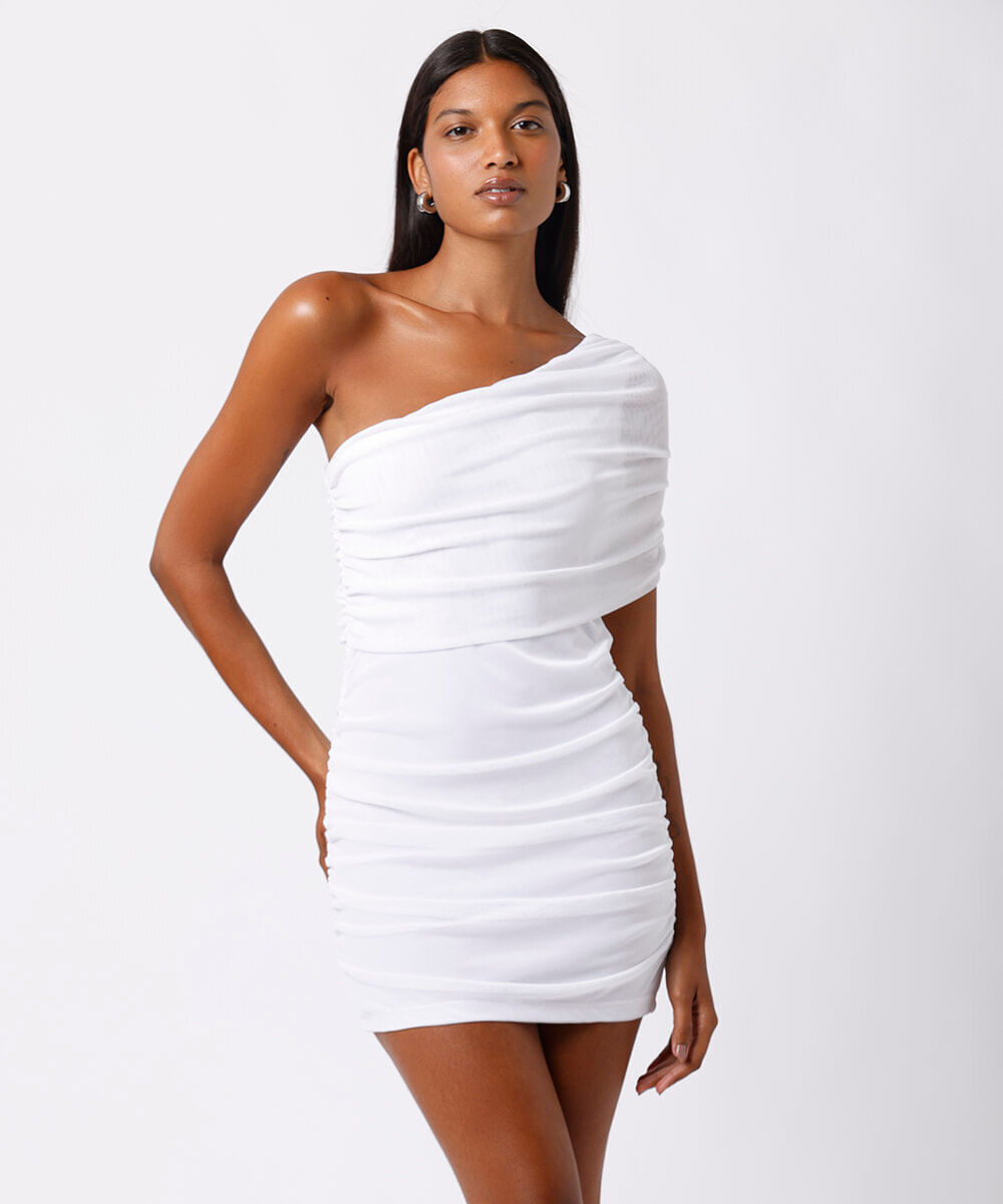 vestido curto feminino de tule ombro único franzido mindset branco