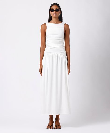 vestido midi feminino franzido mindset off white