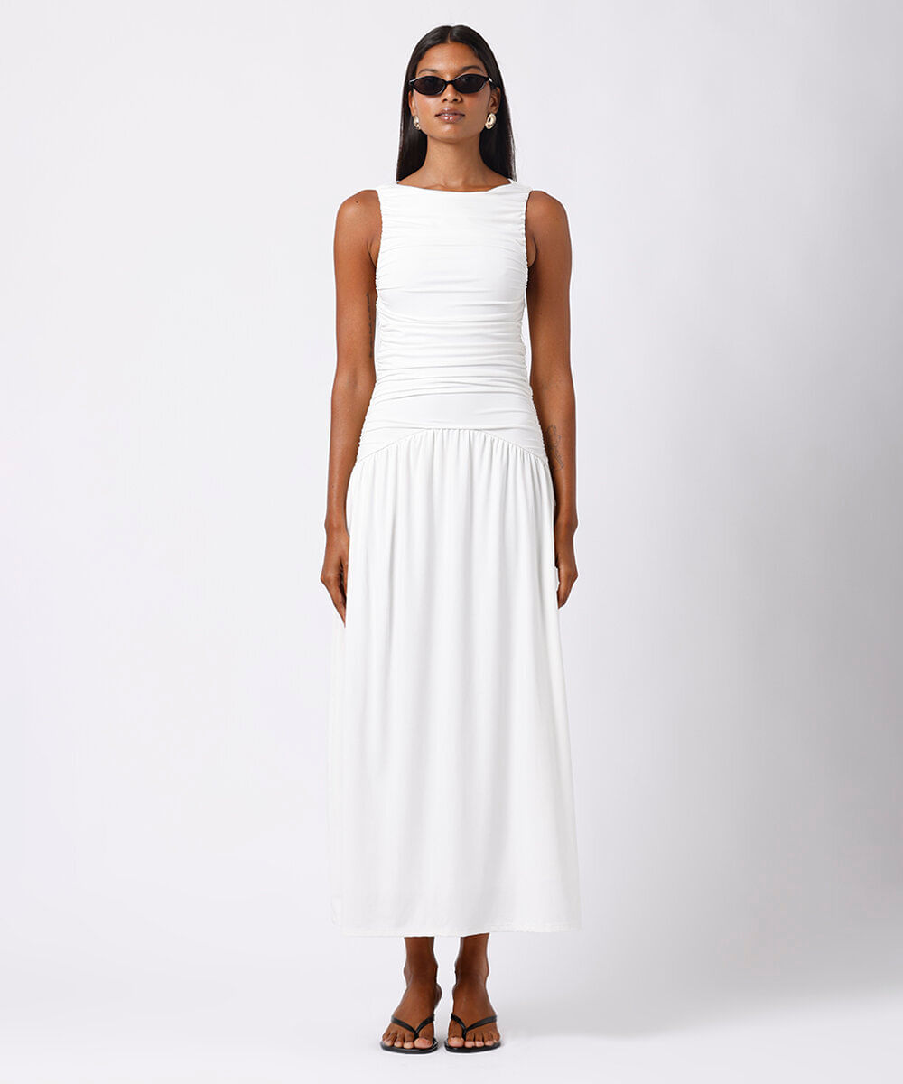 vestido midi feminino franzido mindset off white