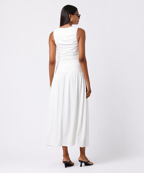 vestido midi feminino franzido mindset off white
