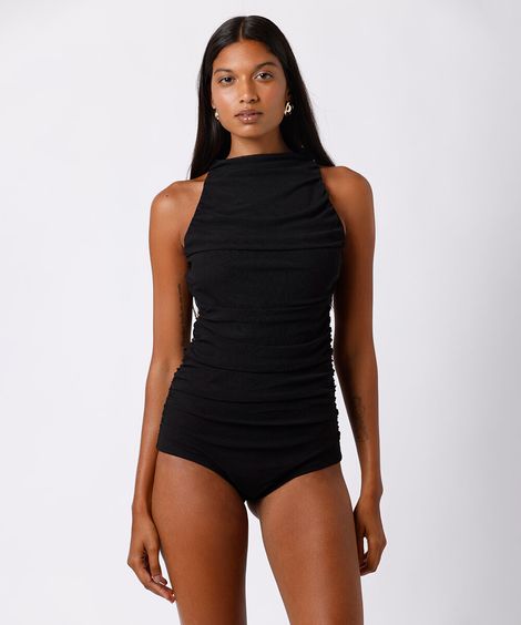 body feminino de tule halterneck franzido mindset preto