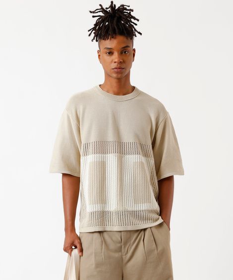 camiseta masculina oversized de tricot manga curta bege