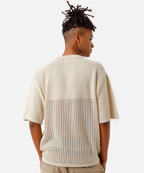 camiseta masculina oversized de tricot manga curta bege