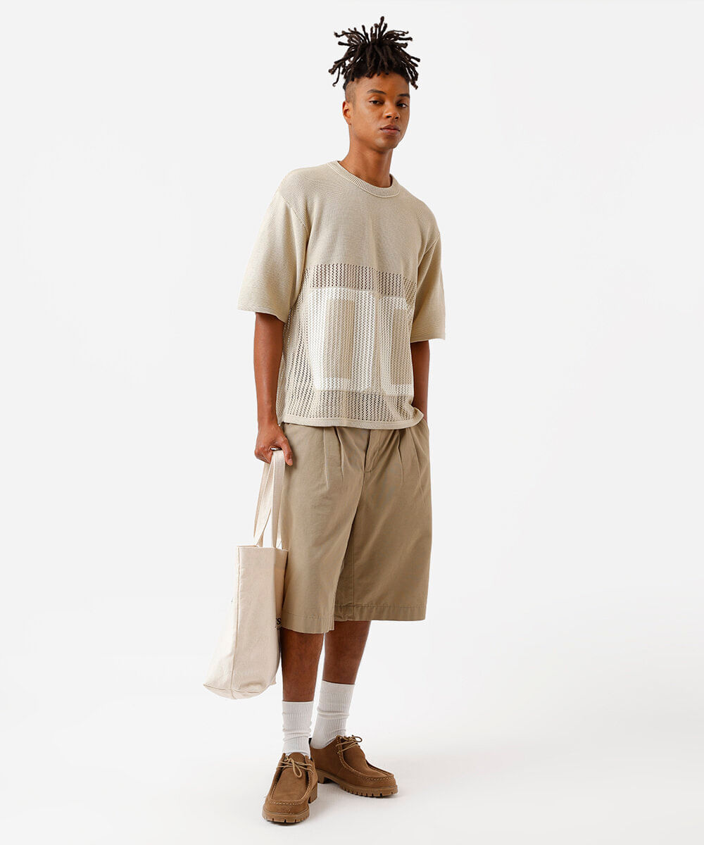 camiseta masculina oversized de tricot manga curta bege