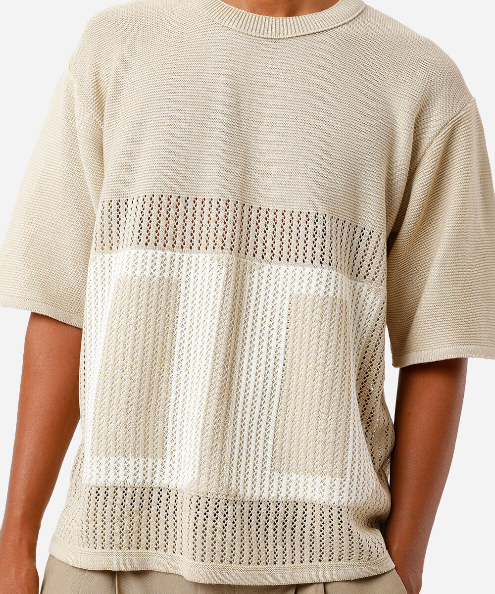 camiseta masculina oversized de tricot manga curta bege