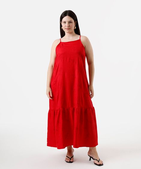 vestido midi feminino com bordado com bolso plus size vermelho