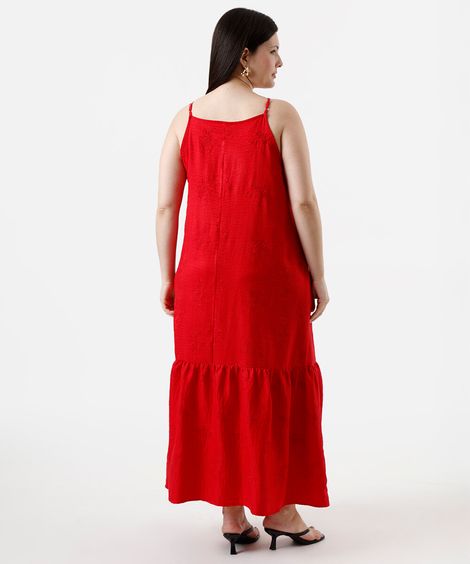 vestido midi feminino com bordado com bolso plus size vermelho