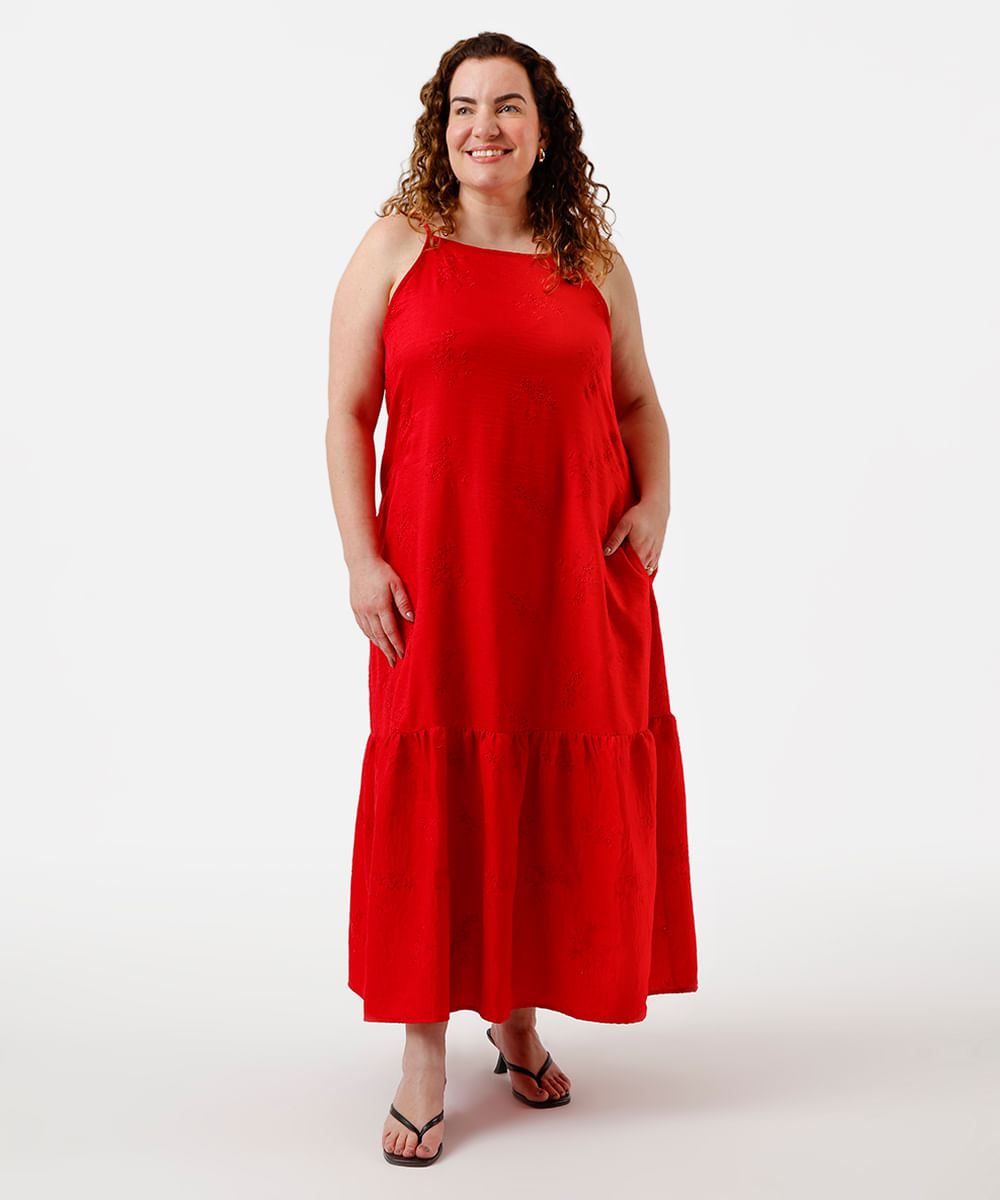 vestido midi feminino com bordado com bolso plus size vermelho