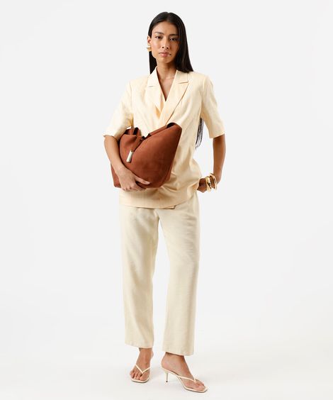 calça de alfaiataria feminina cós elástico amarela