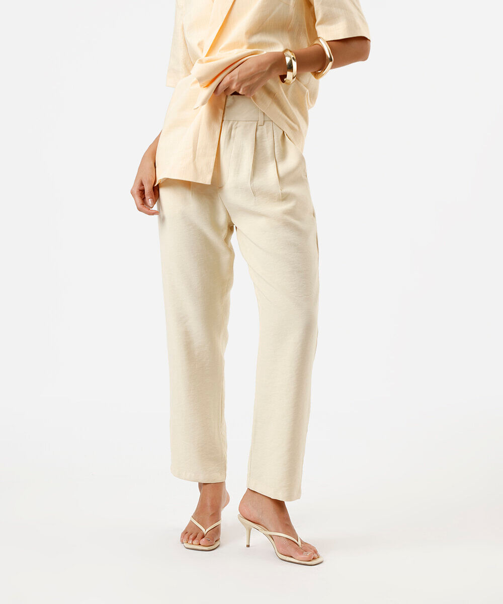 calça de alfaiataria feminina cós elástico amarela