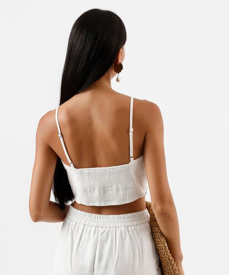 cropped alça fina feminino com linho bordado off white