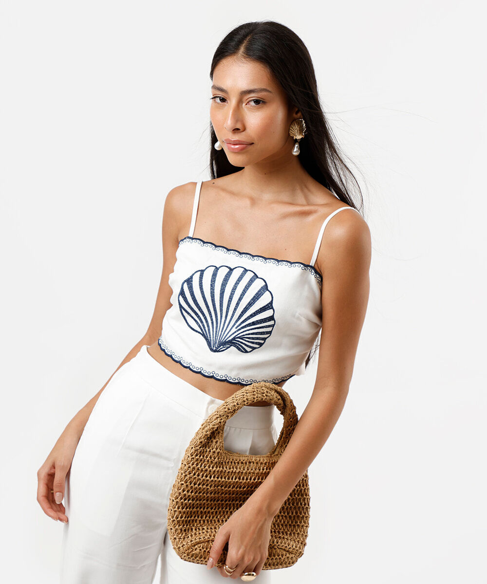 cropped alça fina feminino com linho bordado off white