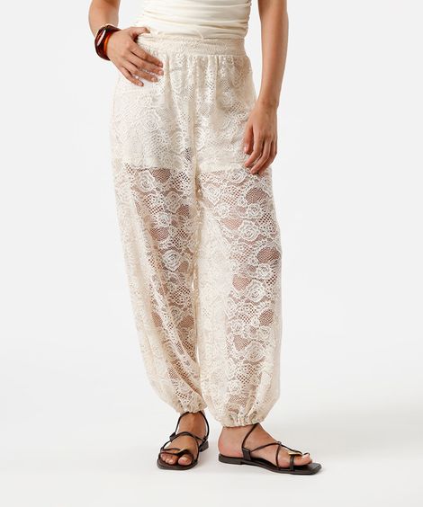 calça aladim feminina de renda floral bege
