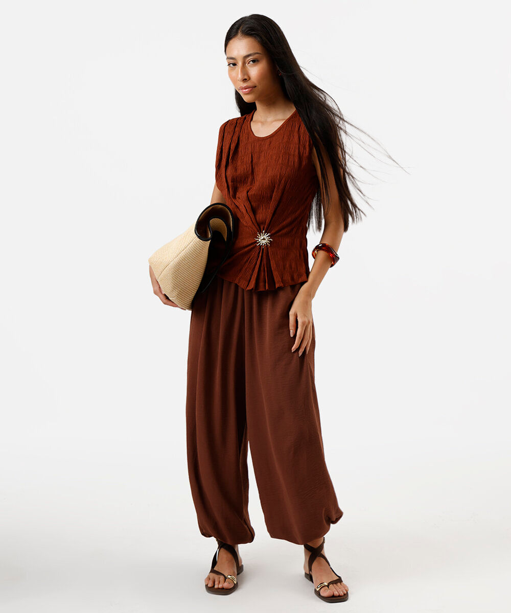calça balloon feminina texturizada marrom