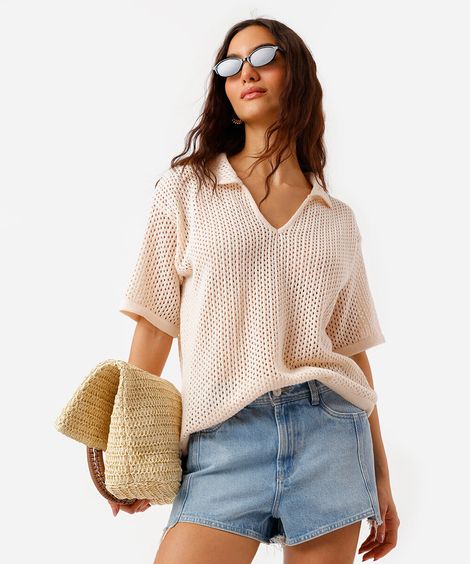 polo oversized feminina de tricot bege