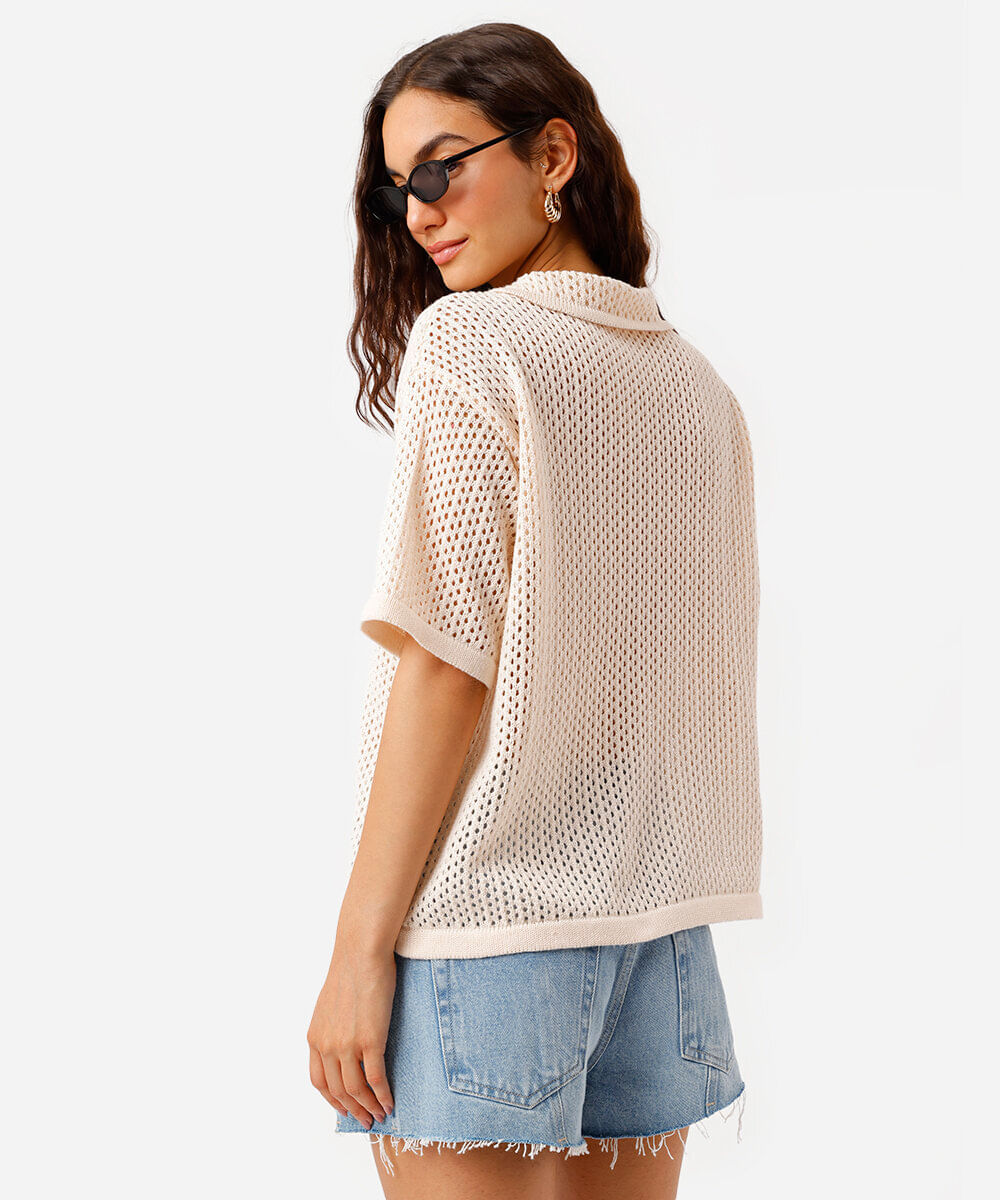 polo oversized feminina de tricot bege