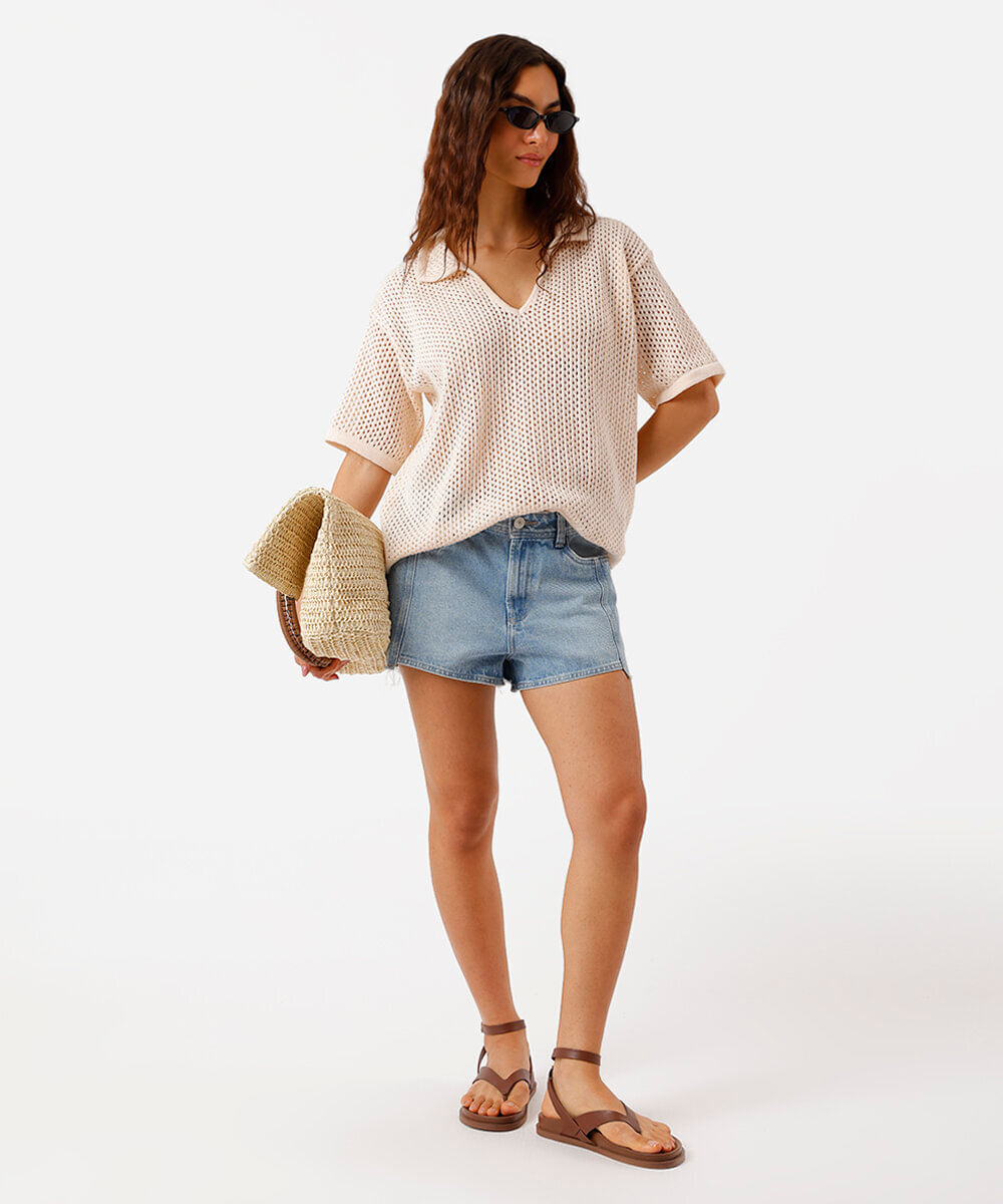 polo oversized feminina de tricot bege