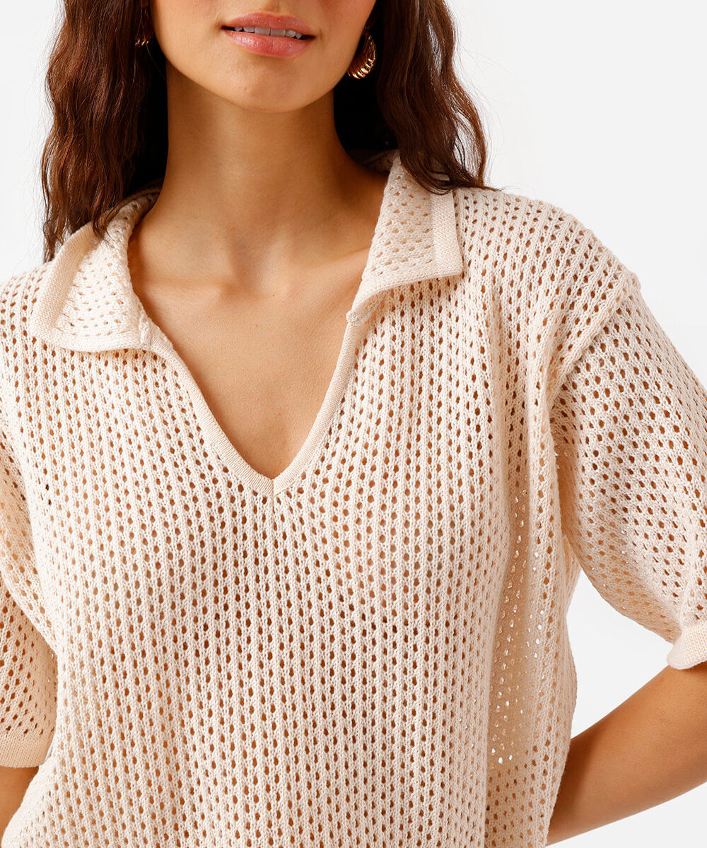 polo oversized feminina de tricot bege