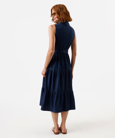 vestido midi chemise feminino jeans com recortes e cinto azul