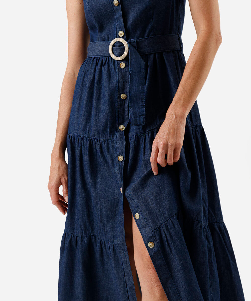 vestido midi chemise feminino jeans com recortes e cinto azul