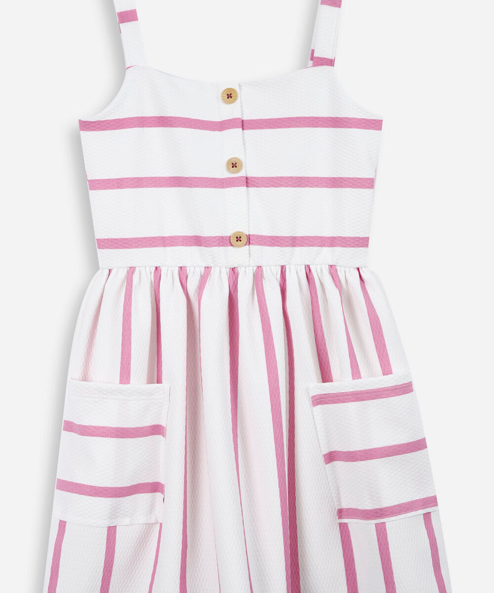 vestido infantil listrado com bolso rosa